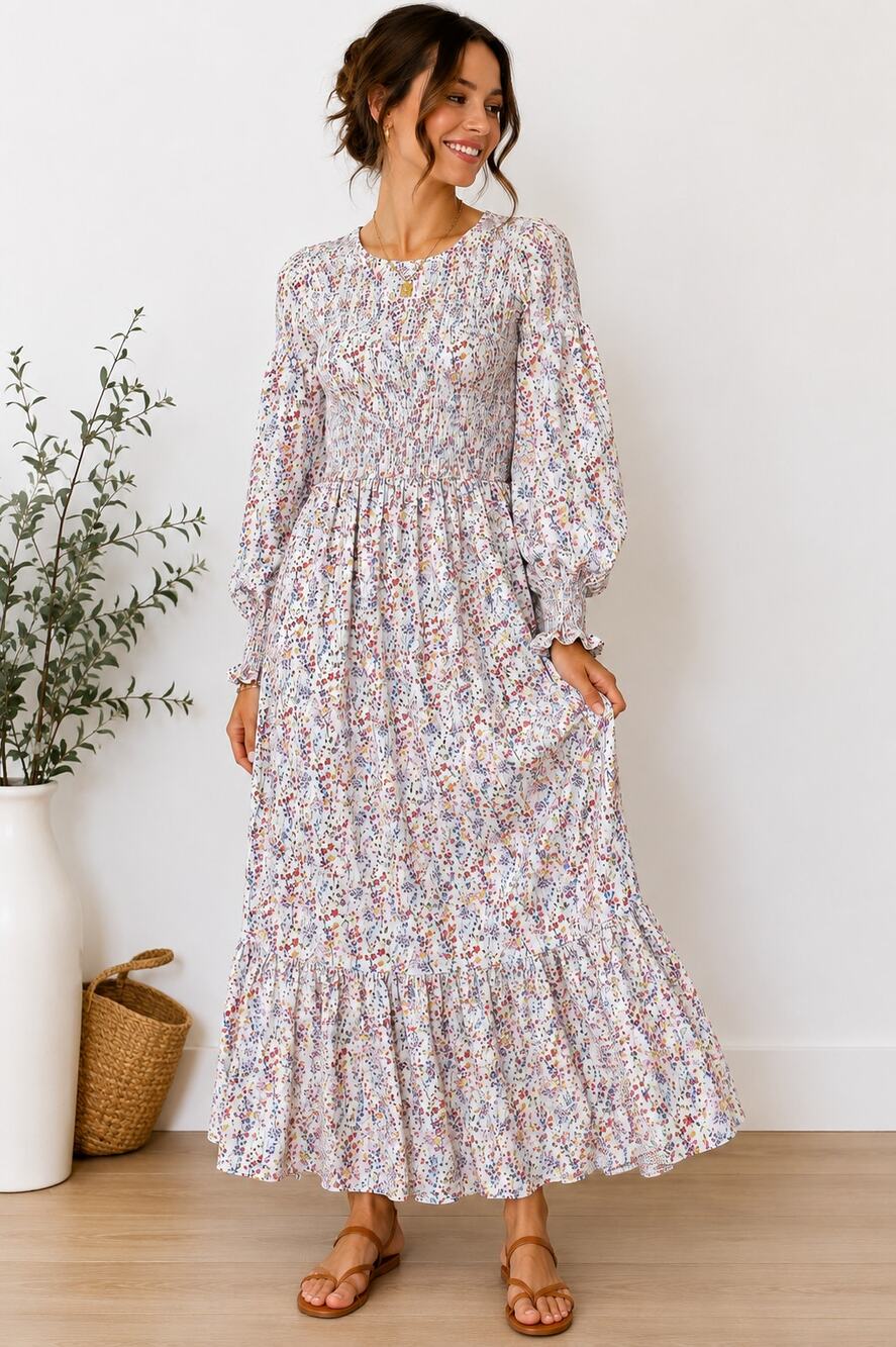 Meadows Floral Smocked Maxi Dress Women's US 6 Cottagecore Prairie 100% Cotton